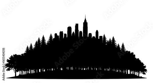 city skyline emerging from a forest illustrating urban nature balance environmental harmony and sustainable development concepts