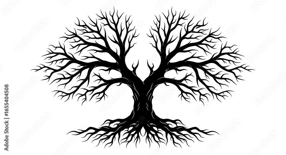 Obraz premium Silhouette of a majestic bare tree with intricate roots and branches against a white background