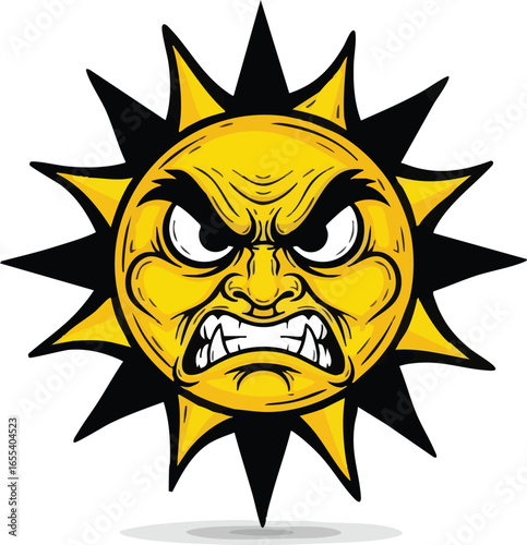 An aggressive cartoon sun with a menacing face, baring its teeth and furrowed brows, depicted in yellow and black.