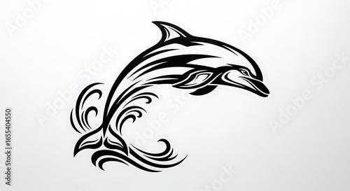 Stylish black and white tattoo-inspired illustration of a dolphin leaping in the ocean waves