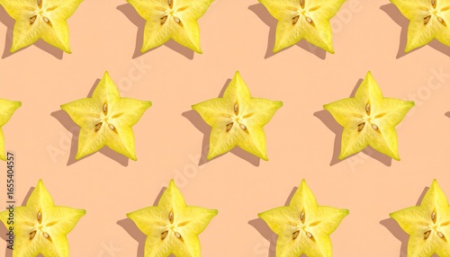 Vibrant star fruit slices arranged in a repeating pattern on a peachy pastel background