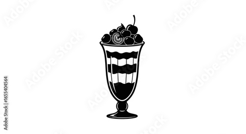 delicious dessert black and white illustration of a layered sundae with cherries perfect for menus packaging or retrothemed designs