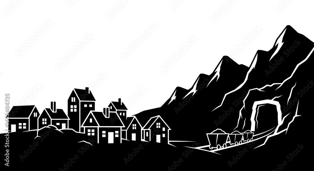 Fototapeta premium mining town silhouette illustrating resource extraction community impact and industrial landscapes for reports presentations and educational materials