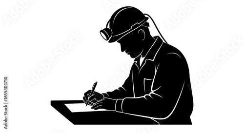 mining engineer completing detailed report black and white silhouette illustration for safety industry and engineering reports