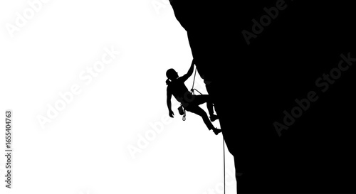 silhouette of a climber ascending a sheer cliff face conquering challenges reaching new heights achieving success