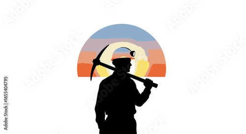 silhouette of a miner with pickaxe at sunset ideal for mining industry and hard work concepts