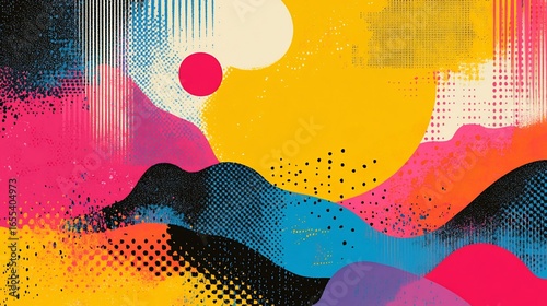 Vibrant abstract landscape with retro halftone and spray paint textures