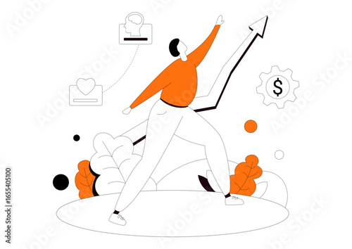 Business Growth and Financial Success Concept – Person Reaching for Arrow and Dollar Sign, Motivation, Career Advancement, Wealth Strategy, Economic Progress, Goal Achievement SVG Illustration