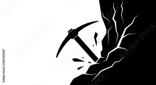 breaking ground a striking pickaxe silhouette against a cracked rock face perfect for mining geology or cryptocurrency projects