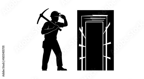 miner surveying mine shaft entrance black and white silhouette illustration for safety mining and industrial designs