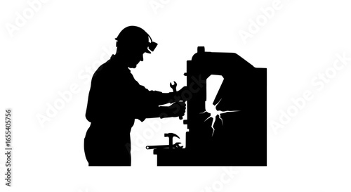 industrial worker repairing broken machinery silhouette image for manufacturing repair and maintenance concepts