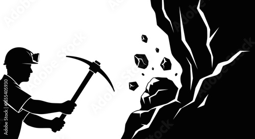 miner extracting valuable resources striking rock face with pickaxe black and white silhouette illustration for mining geology and industrial designs