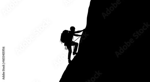 climber ascending steep rock face silhouette illustration for success challenge and perseverance concepts