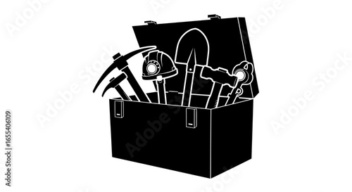essential mining tools equipment in a sturdy toolbox safety gear pickaxes shovel perfect for mining geology and construction industry presentations