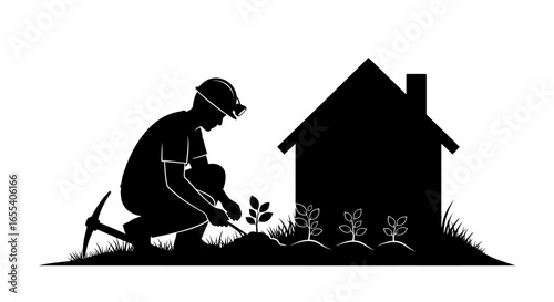 building a future miner planting saplings near a new home symbolizing growth investment and sustainable development