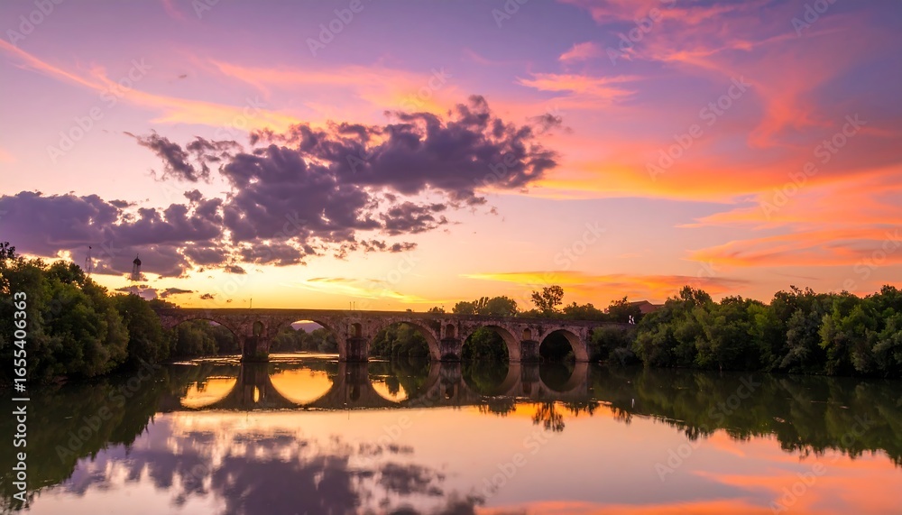 Obraz premium Sunset over a river bridge