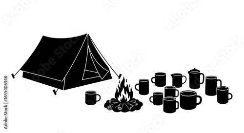 campsite silhouette cozy campfire tent and mugs perfect for outdoor adventure websites blogs or travel guides