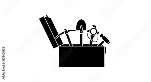 essential tools for exploration a black and white icon of a kit ready for adventure mining or construction projects