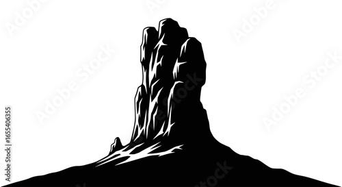 dramatic black and white silhouette of a majestic rock formation ideal for western adventure and powerthemed designs
