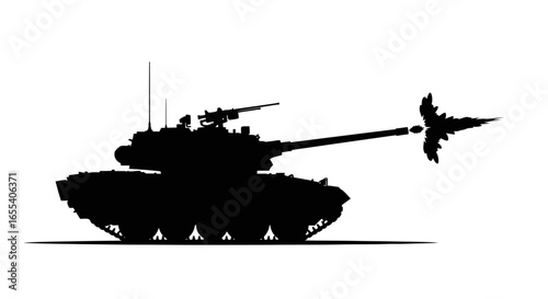 powerful silhouette of a tank firing ideal for military war and strategy game concepts illustrating power and warfare