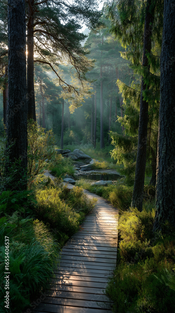 Fototapeta premium Pathway to Serenity: A winding wooden pathway meanders through a tranquil forest, bathed in soft sunlight filtering through towering trees.