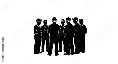 team of miners in hard hats huddle for safety briefing illustrating teamwork and collaboration in mining industry