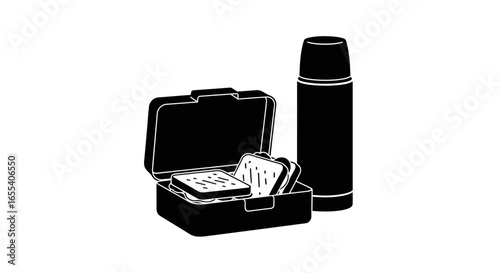 packed lunch solution simple black and white icon of a lunchbox with sandwiches and thermos for work school or travel