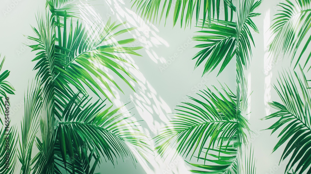 Fototapeta premium A surreal white minimalist office interior with walls covered in vibrant green tropical palm leaf wallpaper. 
