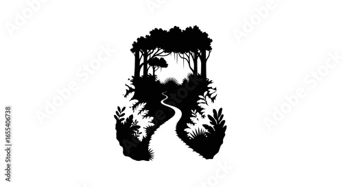 serene jungle path black and white silhouette of a winding creek through lush tropical foliage ideal for ecotourism adventure and naturethemed designs