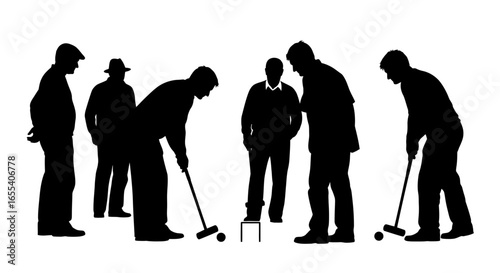 senior men enjoying a friendly game of croquet silhouette illustration perfect for retirement leisure and active aging websites and publications