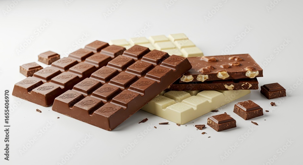 Assorted Chocolate Bars: Milk, White, and Hazelnut Stacked on White Background Assorted Chocolate Bars: Milk, White, and Hazelnut Stacked on White Background