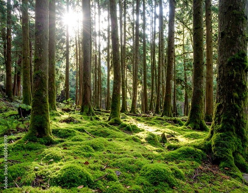 Wallpaper Mural Sunlight filters through a dense forest of tall trees, illuminating a carpet of moss Torontodigital.ca