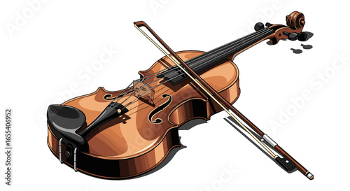 Illustration of a brown violin with a bow resting across the strings on a white background surface on transparent background
