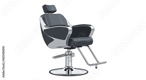 Illustration of a modern gray and chrome barber chair with adjustable headrest and footrest design style on transparent background