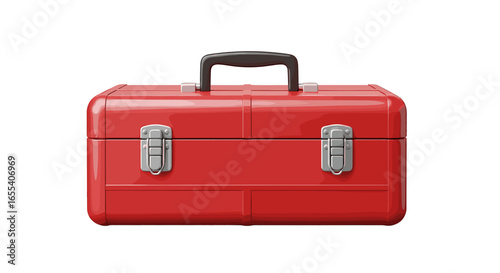 A front view of a closed red metal toolbox with a black handle and silver latches on a white background on transparent background