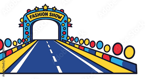 Illustration of a fashion show entrance with stars and colorful decorations leading to a runway area on transparent background