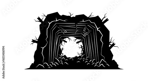 collapsed mine shaft entrance dramatic black and white illustration for game design horror or postapocalyptic projects