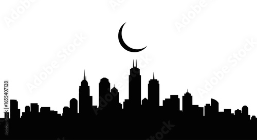 crescent moon over city skyline elegant black and white silhouette for nighttime urban designs website headers and ramadan greetings