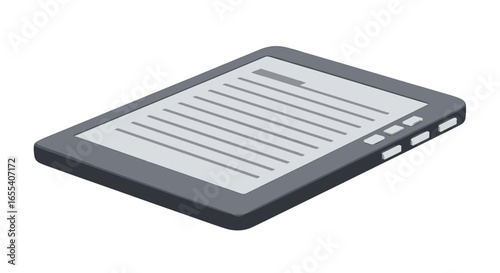 Isometric illustration of an ebook reader with a screen displaying text and buttons on the side on transparent background