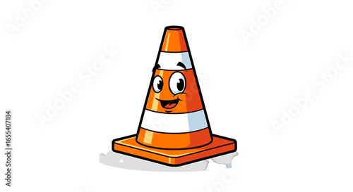 Cartoon traffic cone with a smiling face and white stripes on an isolated white background image view on transparent background