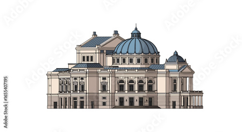 Illustration of a grand classical building with a large dome and multiple windows and columns facade on transparent background