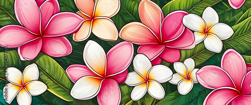 Pink frangipani flowers. Cartoon style plumeria flowers. Colorful plumeria close up. Flowers with leaves illustration.
