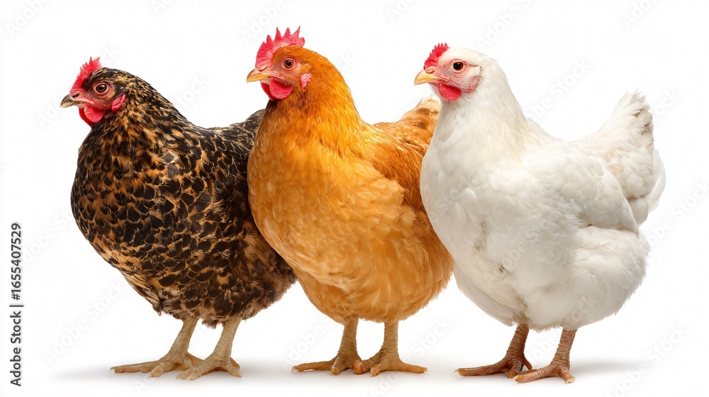 Fototapeta premium Three Chicken Isolated on White Background for Poultry and Farm Concepts