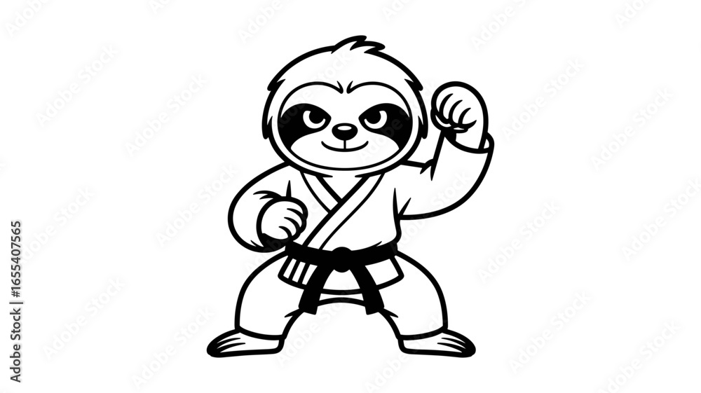 Fototapeta premium Cute cartoon sloth in karate gi ready for action isolated on white background