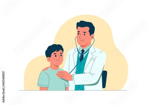 Flat vector doctor with stethoscope examining patient in clinic room, minimal style