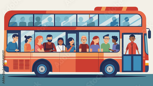 Diverse group of people riding on a double decker bus