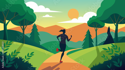 Woman running on a path through a colorful landscape at sunrise