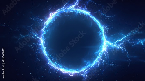 Stunning photo of electric blue lightning frame with plasma portal on dark background. Round glowing sphere with neon strikes. Energy circle border with flash spark effects.