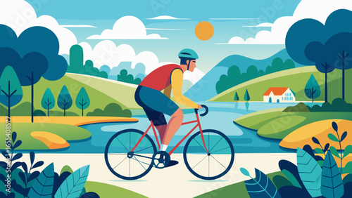 Cyclist riding a bicycle through a scenic landscape with rolling hills and a lake