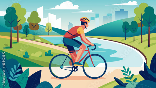 Man cycling on a path beside a river with city skyline in background